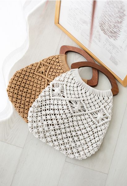 Wood Handle Woven Handbag