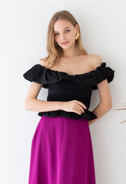 Flap Off-Shoulder Pleated Shirred Top in Black