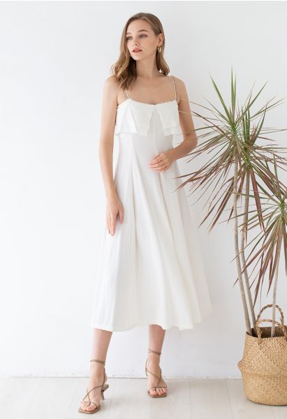 Double Straps Flap Linen Cami Dress in Ivory