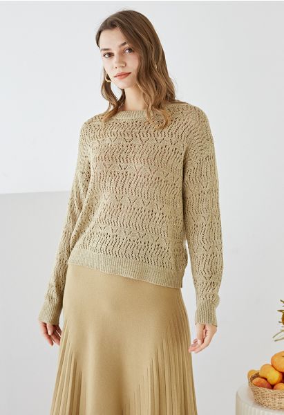 Monochrome Hollow Out Slouchy Knit Top in Olive