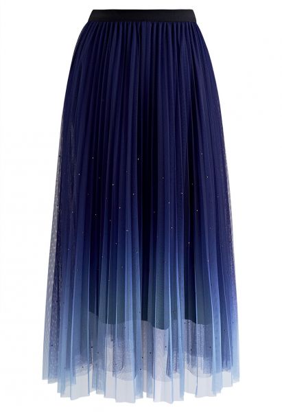Glitter Embellished Pleated Mesh Tulle Skirt in Navy