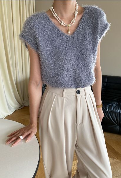 Fuzzy Dotted Sleeveless Knit Sweater in Dusty Blue