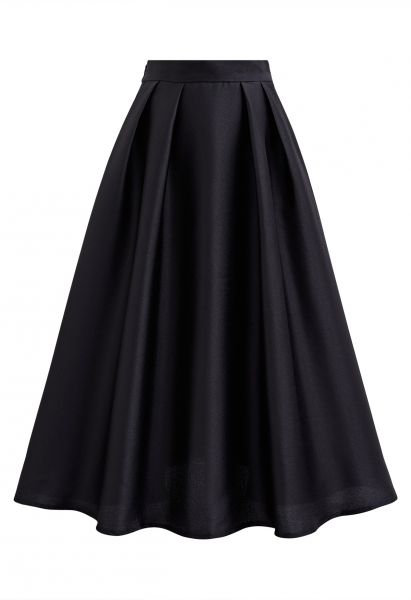 Sleek Side Pockets Pleated A-Line Midi Skirt in Black