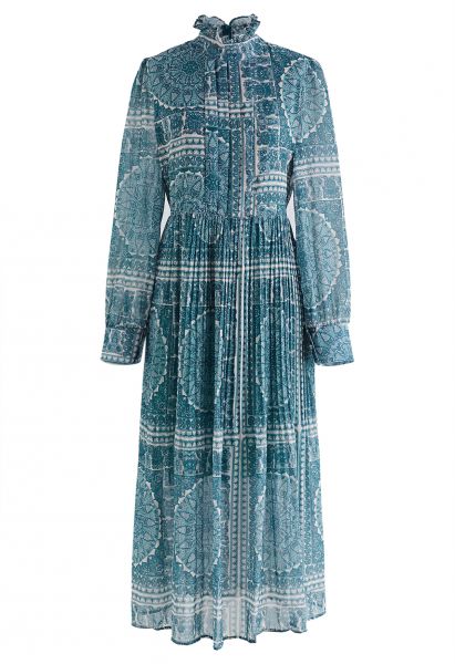 Boho Paisley Pleated Chiffon Midi Dress in Teal