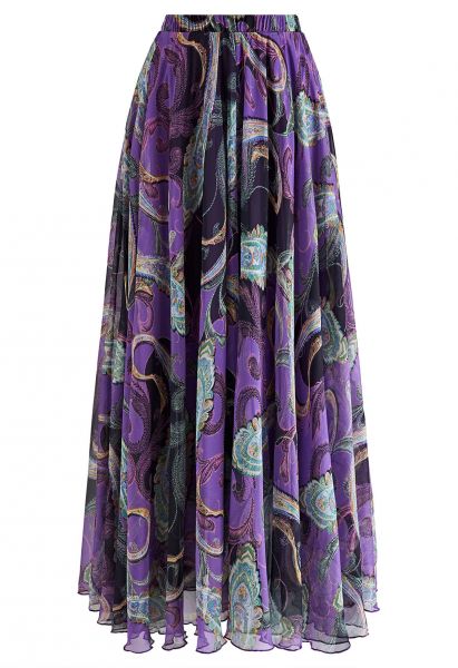 Exotic Paisley Chiffon Maxi Skirt in Purple