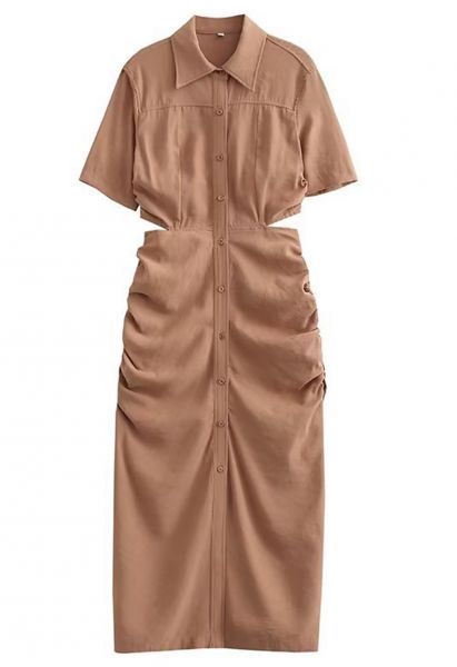 Cutout Waist Side Ruched Shirt Dress in Tan