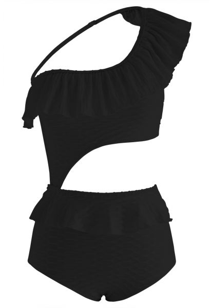 Ruffle One-Shoulder Cutout Swimsuit in Black
