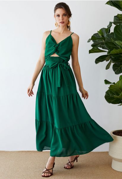 Twist Cutout Shirred Cami Maxi Dress in Green