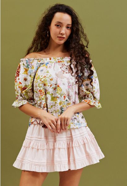 Colorful Flower Embroidered Off-Shoulder Dolly Top
