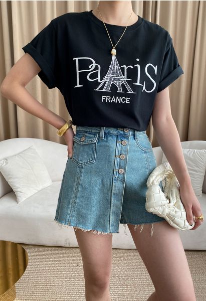 Eiffel Tower Embroidered Crew Neck T-Shirt in Black