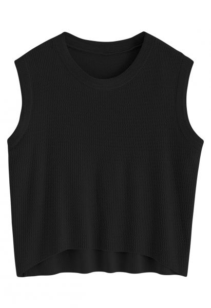 Wavy Texture Hi-Lo Sleeveless Knit Top in Black