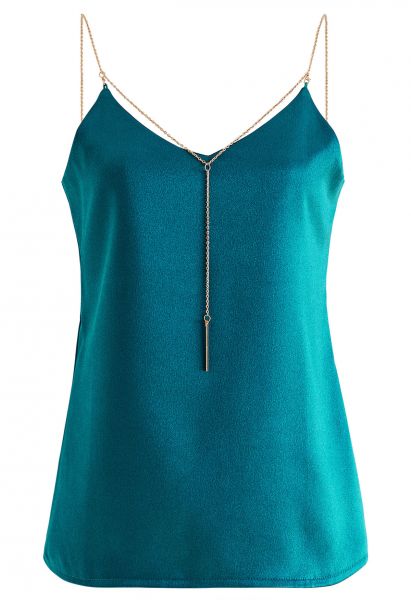 Golden Chain Embellished Satin Cami Top in Emerald