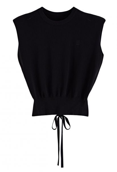 Tie Back Waist Sleeveless Knit Top in Black