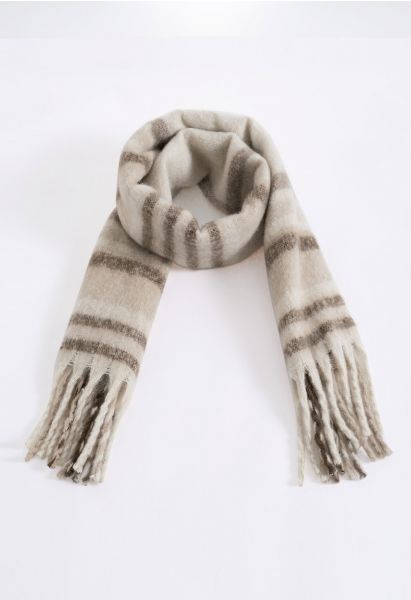 Fuzzy Mohair Plaid Pattern Scarf in Cream