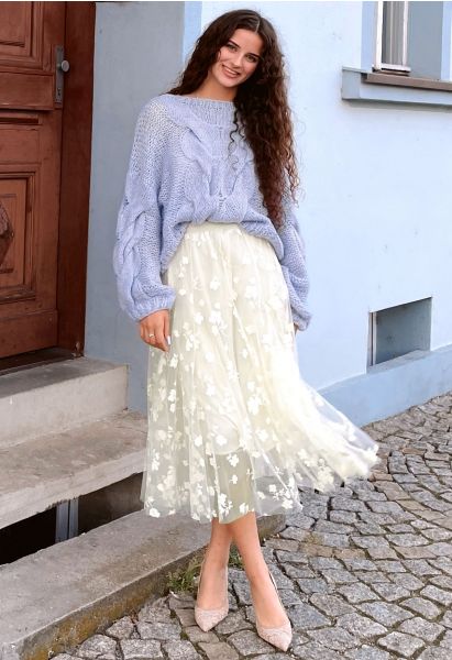 3D Posy Double-Layered Mesh Midi Skirt in Cream