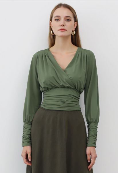 Tender Ruched Detail Faux Wrap Top in Moss Green