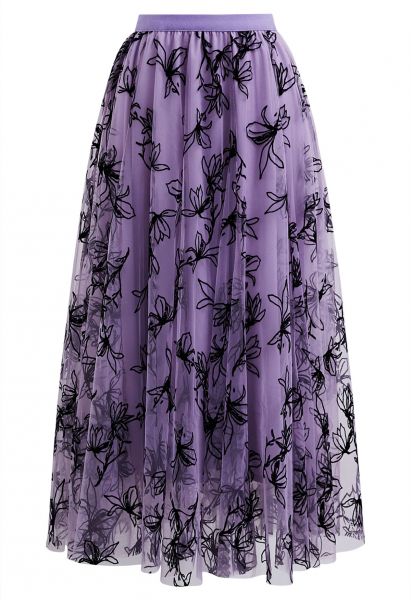 Velvet Magnolia Double-Layered Mesh Maxi Skirt in Lilac
