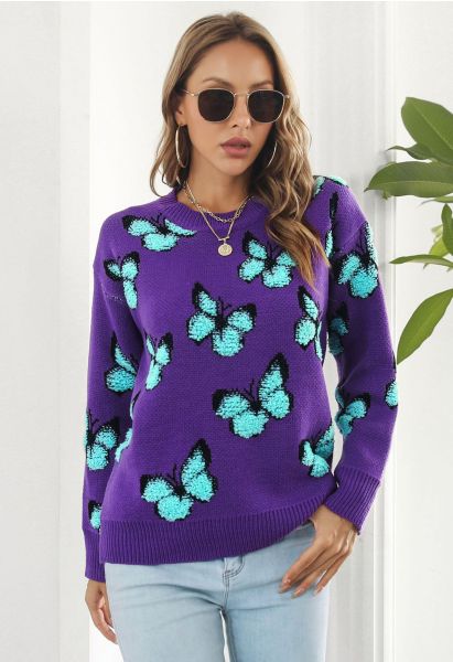 Balletic Butterfly Ribbed Knit Sweater in Purple
