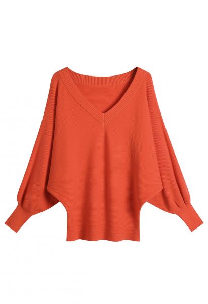 V-Neck Batwing Sleeves Pullover Knit Sweater in Orange