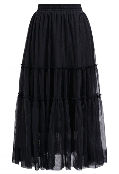 Ruffles Adorned Mesh Tulle Midi Skirt in Black