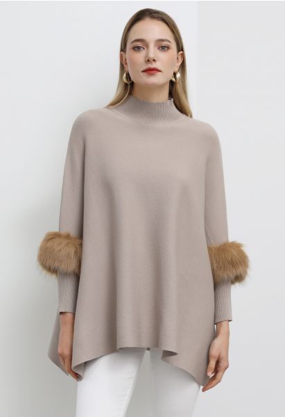 Faux Fur Sleeve Split Hem Knit Poncho in Oatmeal