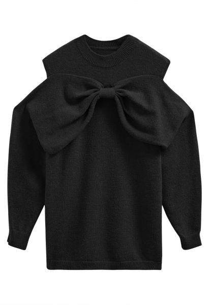 Bowknot Cold-Shoulder Knit Sweater in Black