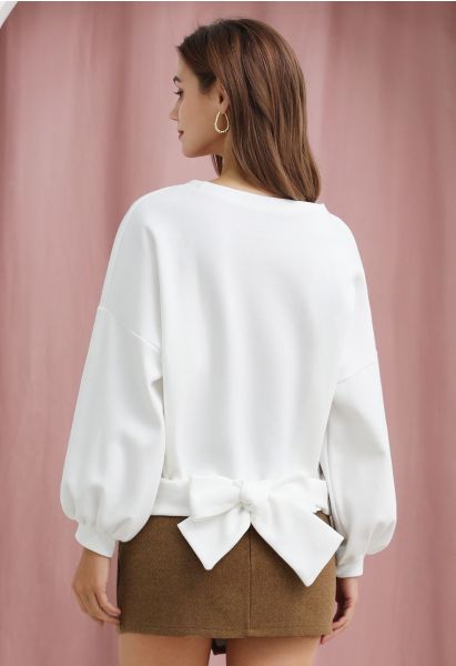 Bowknot Back Cotton Sweatshirt in White