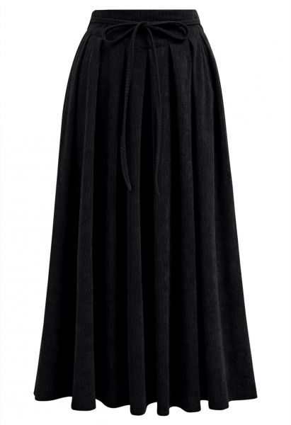 Tie-Waist Pleated Corduroy Midi Skirt in Black