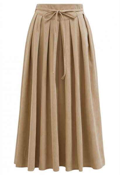 Tie-Waist Pleated Corduroy Midi Skirt in Sand