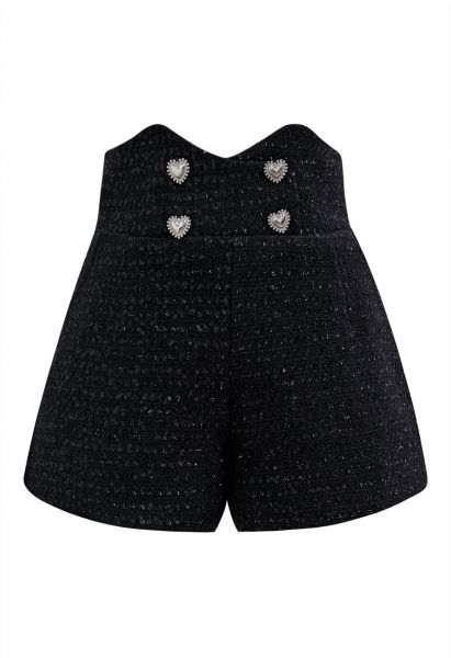 Heart Button Sequin Embellished Tweed Shorts in Black