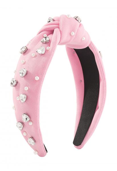 Rhinestone Pearl Knotted Headband in Pink