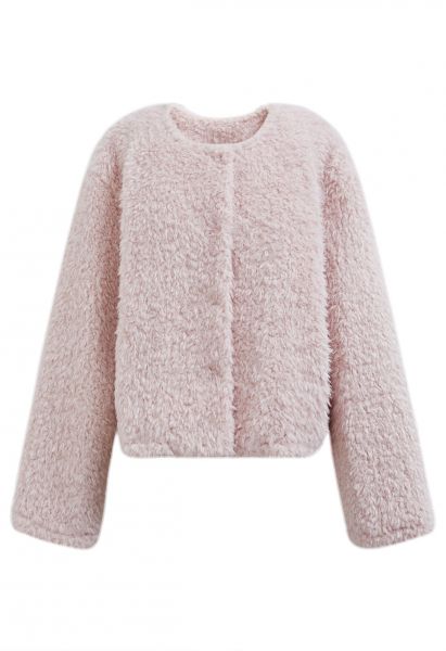 Cozy Collarless Faux Fur Coat in Light Pink