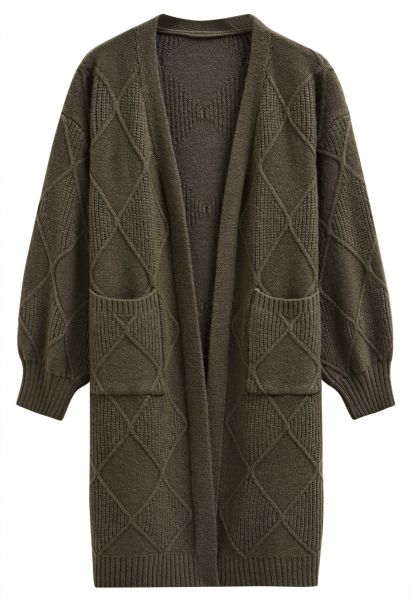 Ribbed Diamond Open Front Longline Cardigan in Moss Green