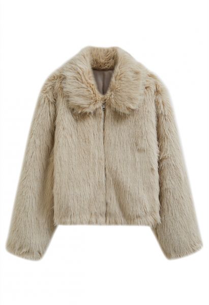 Collared Faux Fur Zip Up Coat in Light Tan