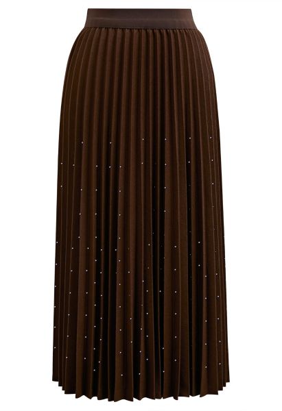 Gleaming Pleated Midi Skirt in Brown