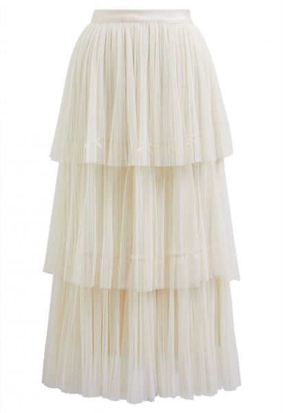 Bowknot Embellished Plisse Tiered Mesh Tulle Skirt in Cream