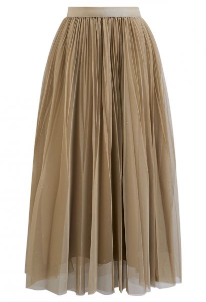Glitter Trim Pleated Mesh Tulle Skirt in Brown