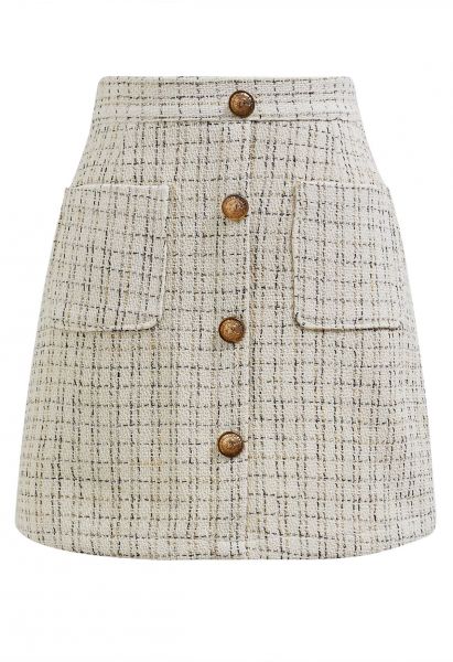 Golden Button Pocket Plaid Tweed Mini Skirt