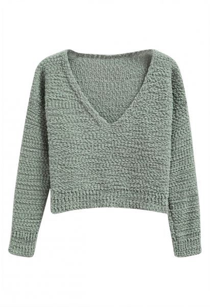 V-Neck Comfy Knit Sweater in Pea Green