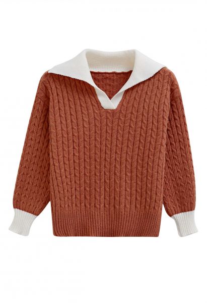 Contrast Flap Collar Cable Knit Sweater in Pumpkin