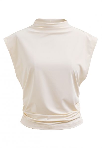 Mock Neck Ruched Sleeveless Top in Cream