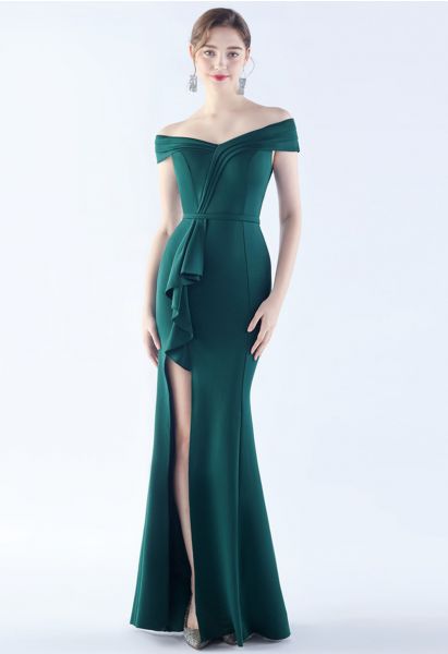 Off-Shoulder Front Slit Satin Gown in Dark Green
