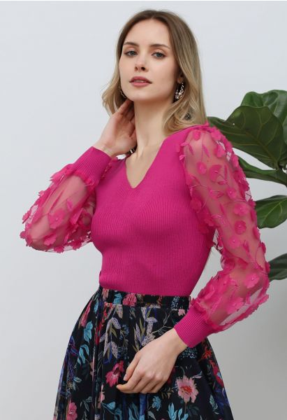 3D Floret Mesh Sleeves Spliced Knit Top in Hot Pink