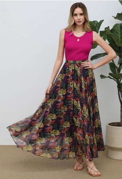 Tropical Leaves Printed Chiffon Maxi Skirt