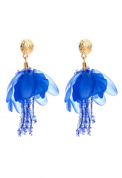 Beaded Petal Tassel Earrings in Blue