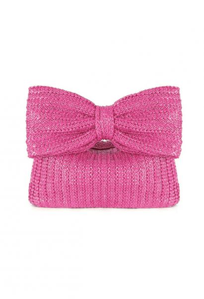 Bowknot Braided Straw Clutch in Hot Pink