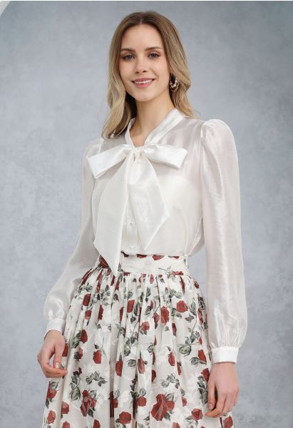 Texture Satin Self-Tie Bowknot Shirt in White