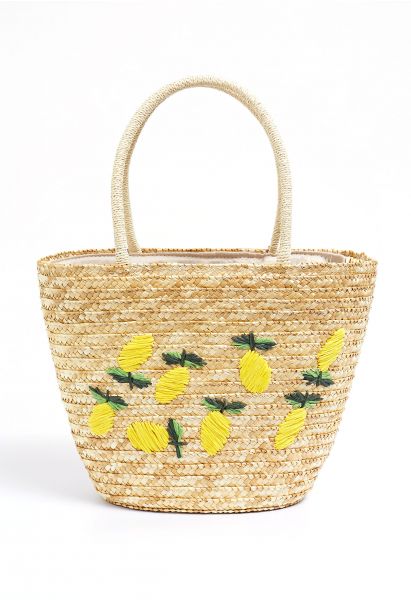Lemon Pattern Handmade Woven Straw Beach Bag
