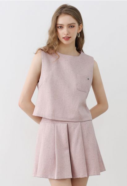Chic Tweed Sleeveless Top and Pleated Mini Skirt Set in Pink