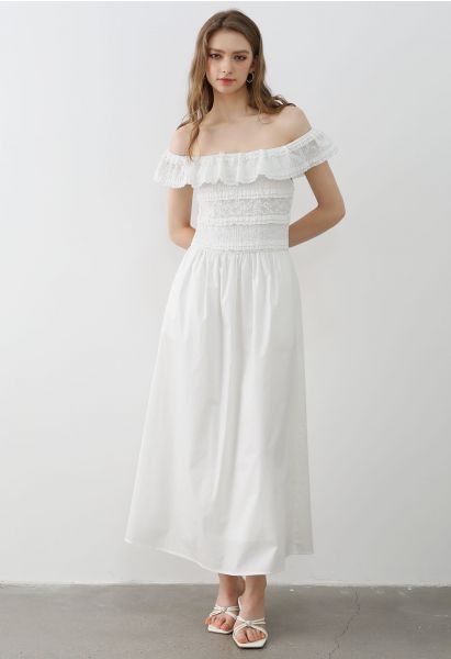 Tiered Lace Off-Shoulder Spliced Dress in White